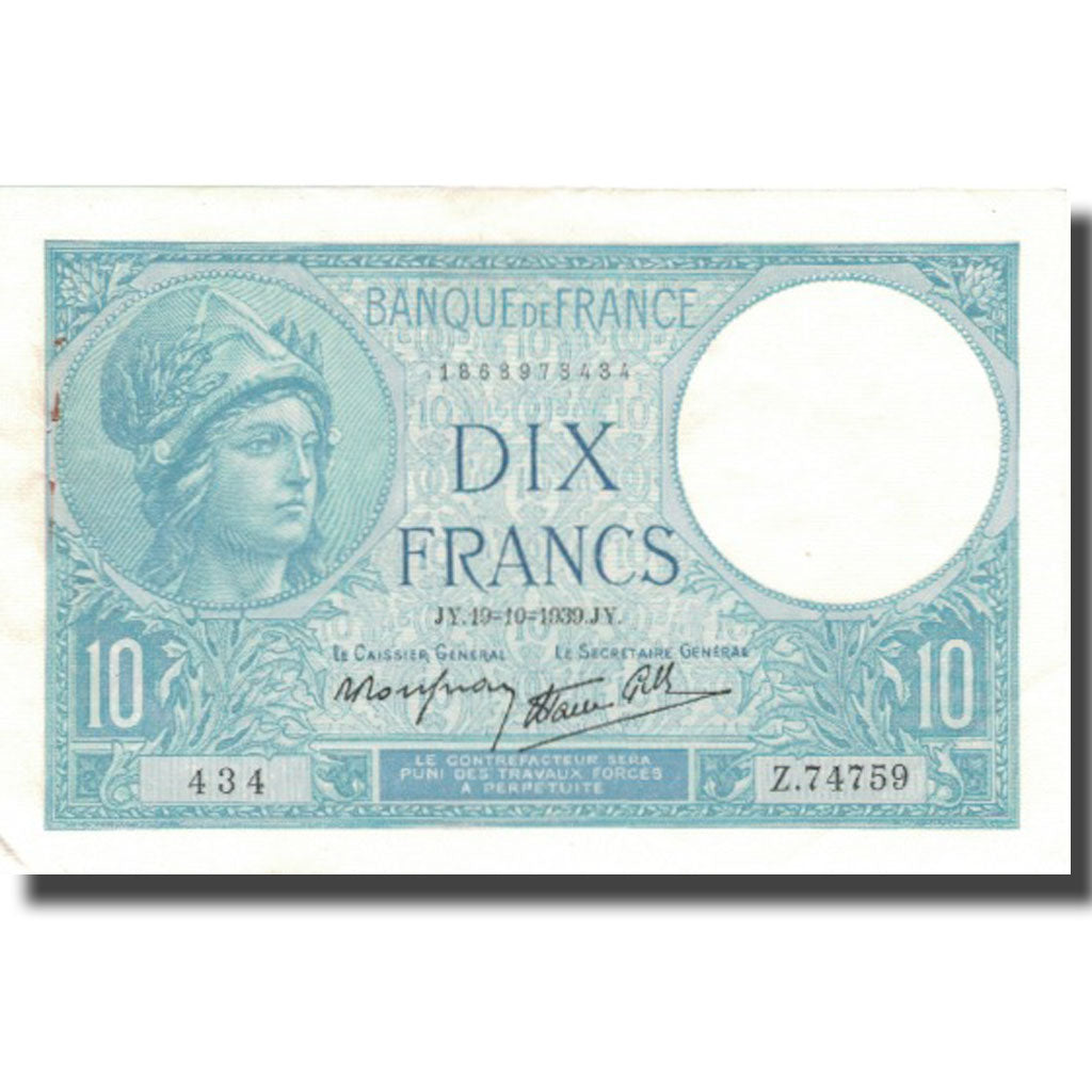 Francia, 10 Francs, Minerve, 1939, 1939-10-19, BB+, Fayette:7.12, KM:84