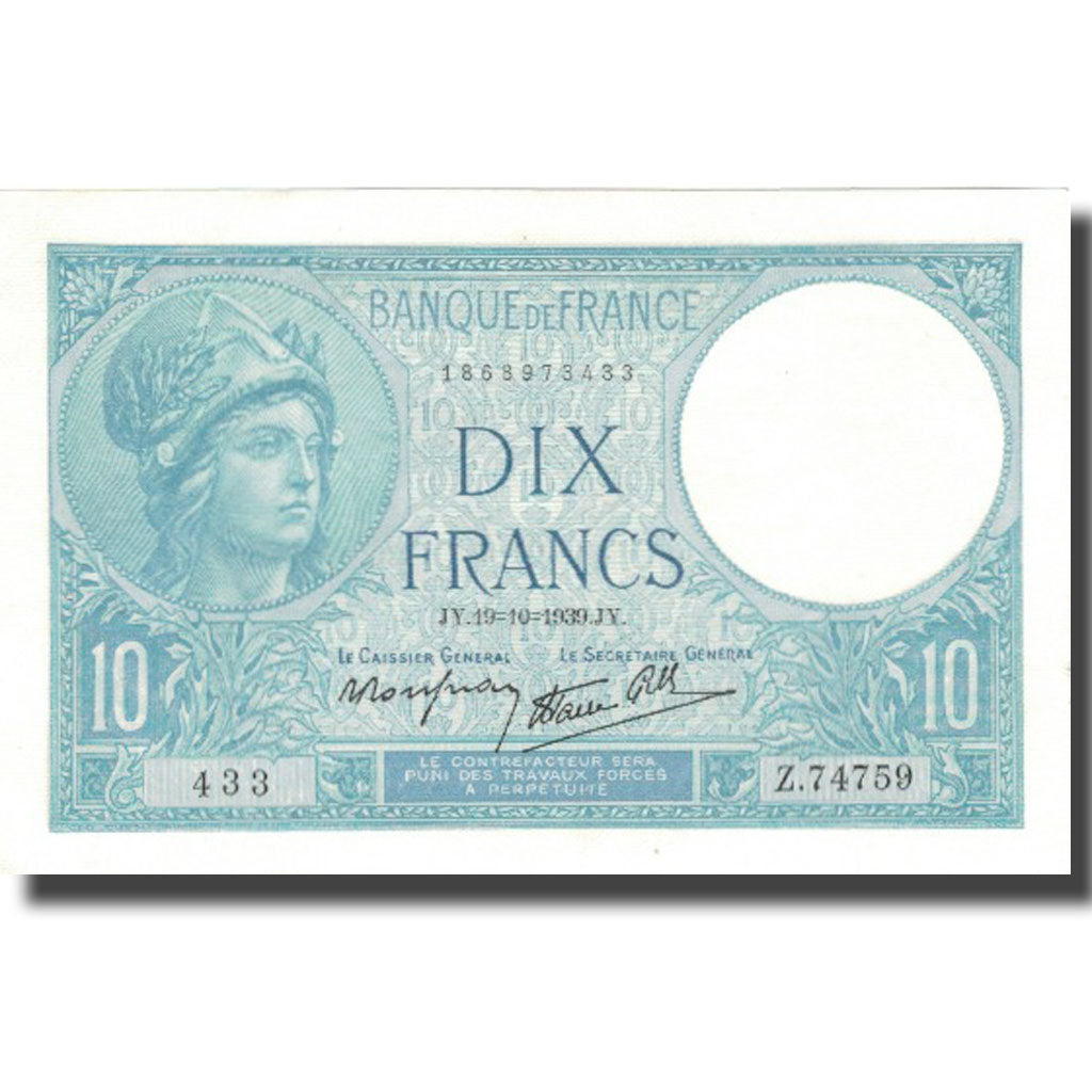 France, 10 Francs, Minerve, 1939, 1939-10-19, SUP, Fayette:7.12, KM:84