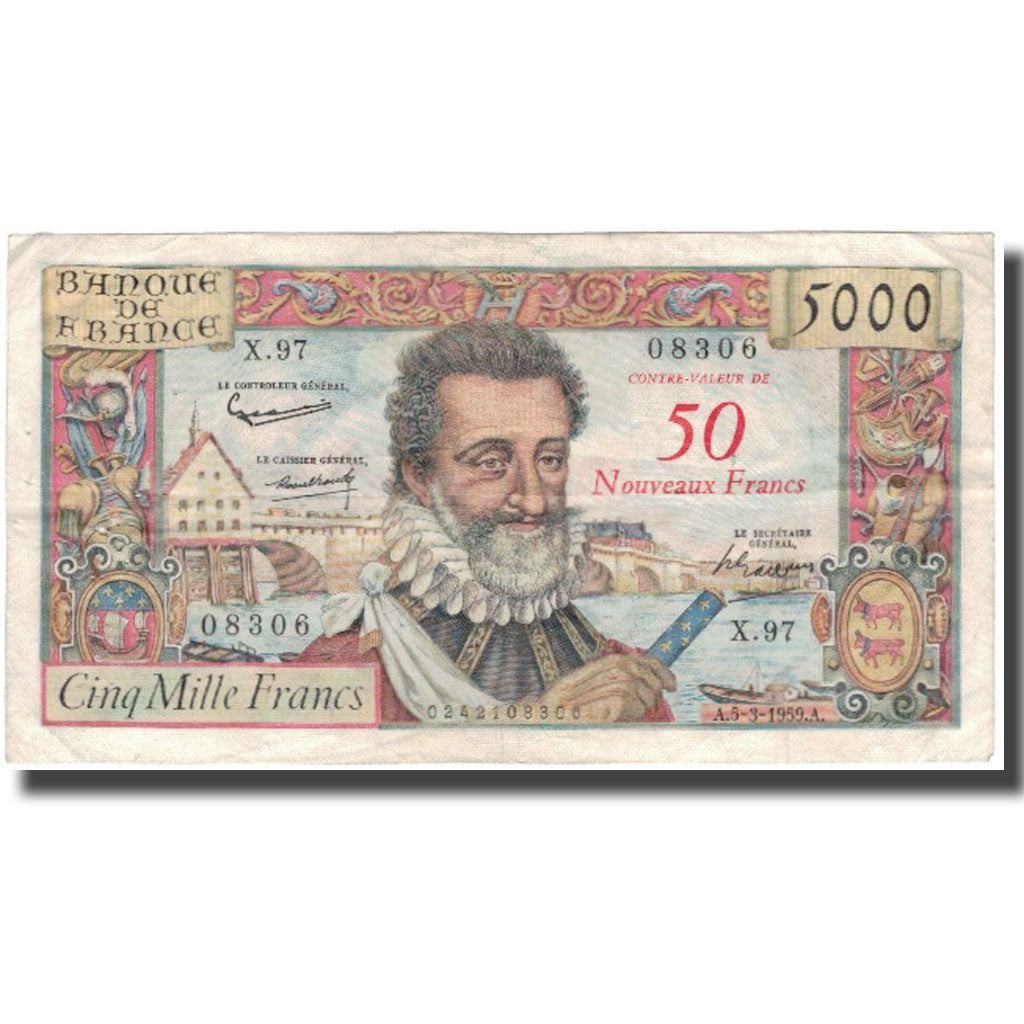 Francia, 50 Nouveaux Francs on 5000 Francs, Henri IV, 1959, 1959-03-05, BC+