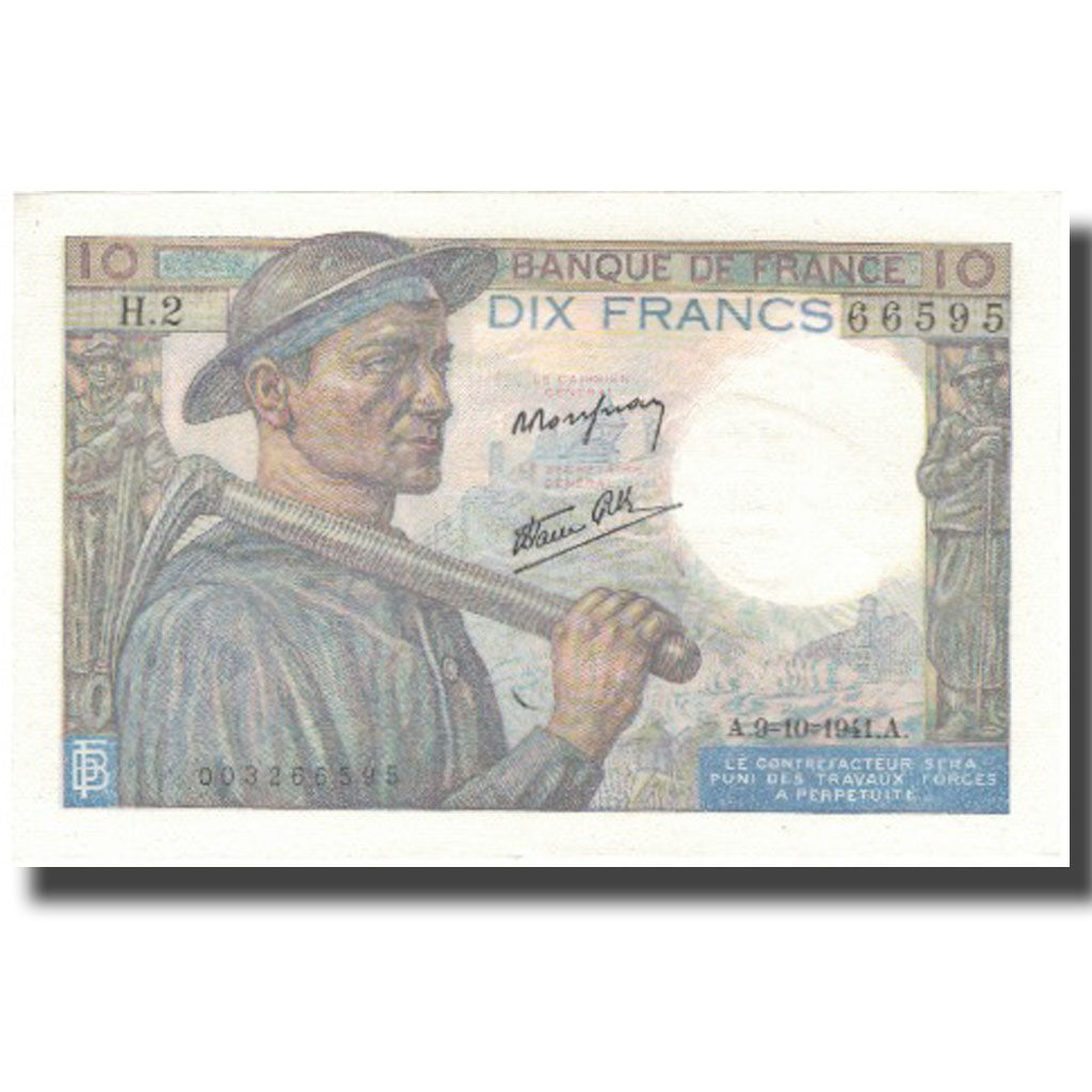 France, 10 Francs, Mineur, 1941, 1941-10-09, UNC(63), Fayette:8.2, KM:99b