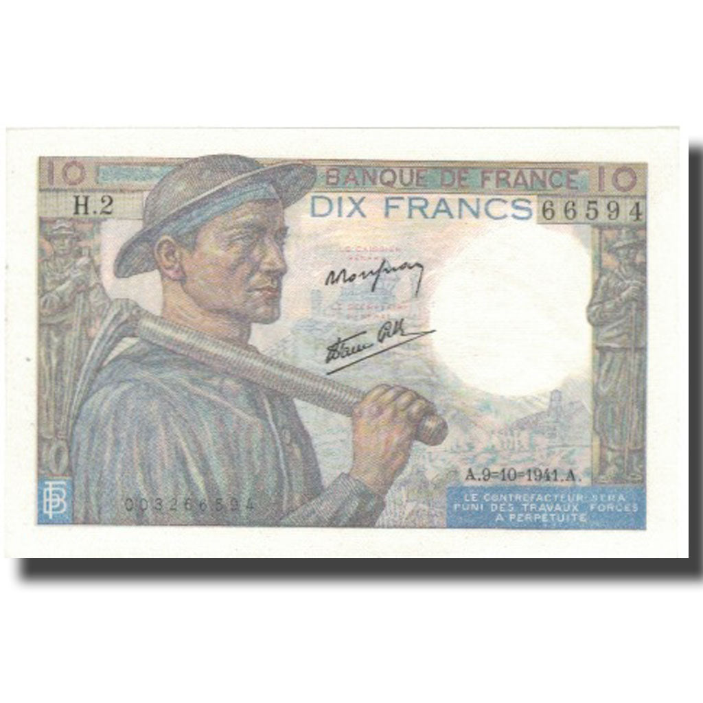 France, 10 Francs, Mineur, 1941, 1941-10-09, UNC(60-62), Fayette:8.2, KM:99b