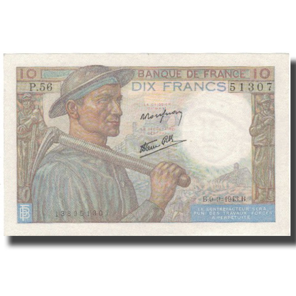 Frankreich, 10 Francs, Mineur, 1943, 1943-09-09, VZ+, Fayette:8.9, KM:99d