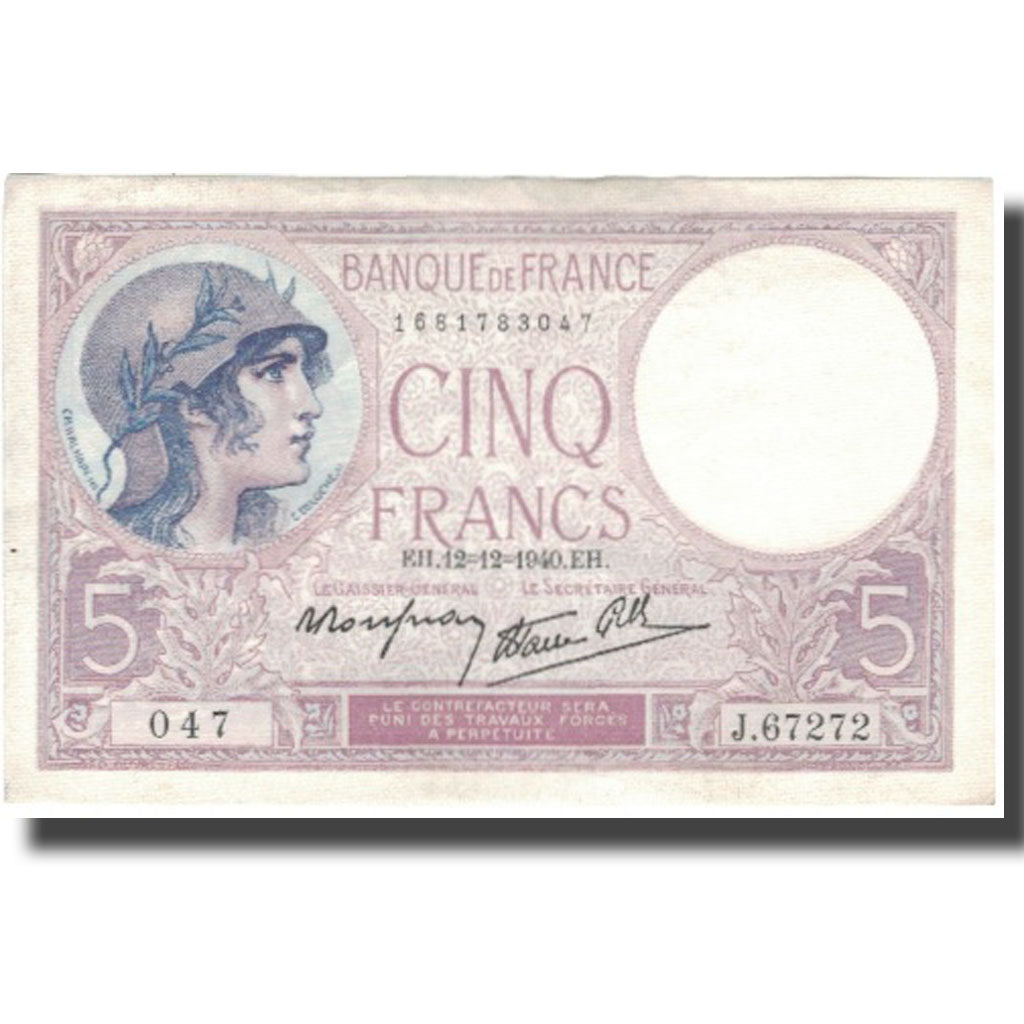 Frankrijk, 5 Francs, Violet, 1939, 1939-08-10, TTB, Fayette:4.17, KM:83
