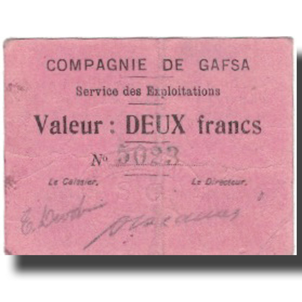 Banknote, Tunisia, GAFSA, 2 Francs, valeur faciale, 1916, 1916-04-25, EF(40-45)
