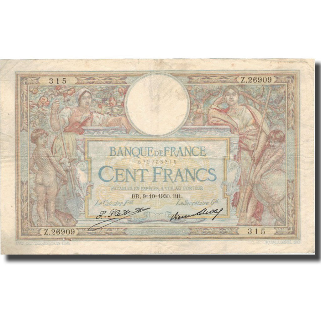 France, 100 Francs, Luc Olivier Merson, 1930, 1930-10-09, VF(20-25)
