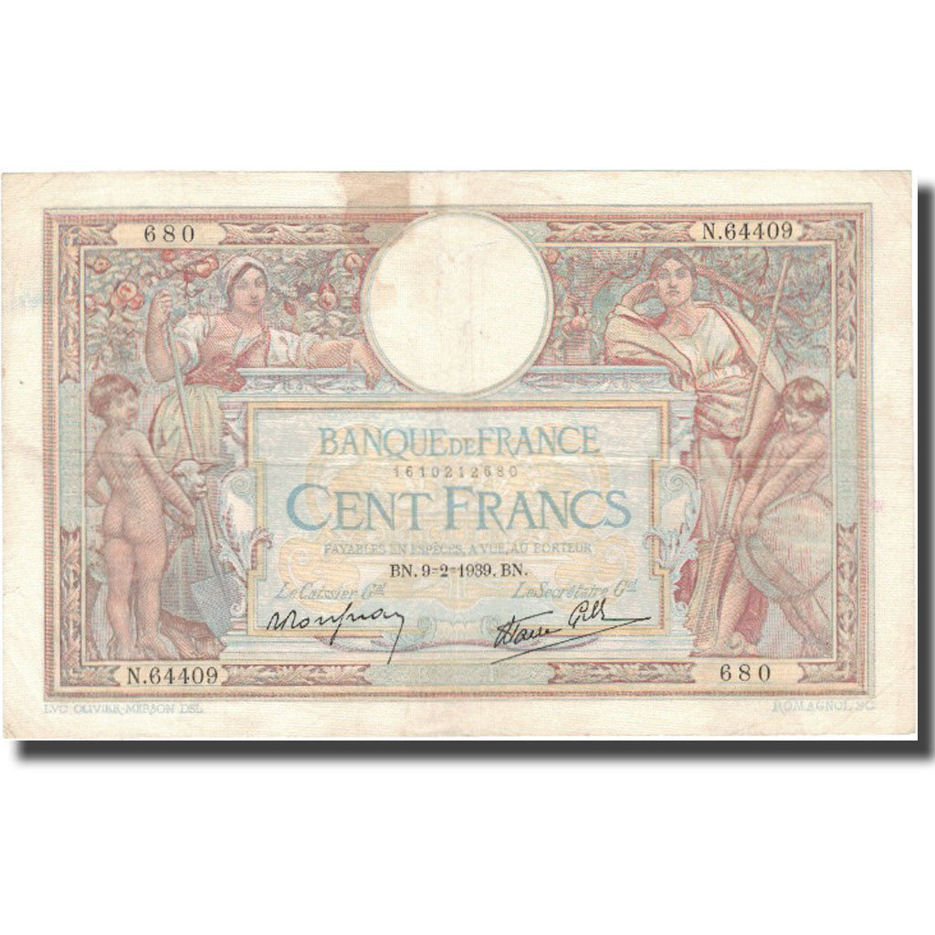 Frankrijk, 100 Francs, Luc Olivier Merson, 1939, 1939-02-09, TB, Fayette:25.42