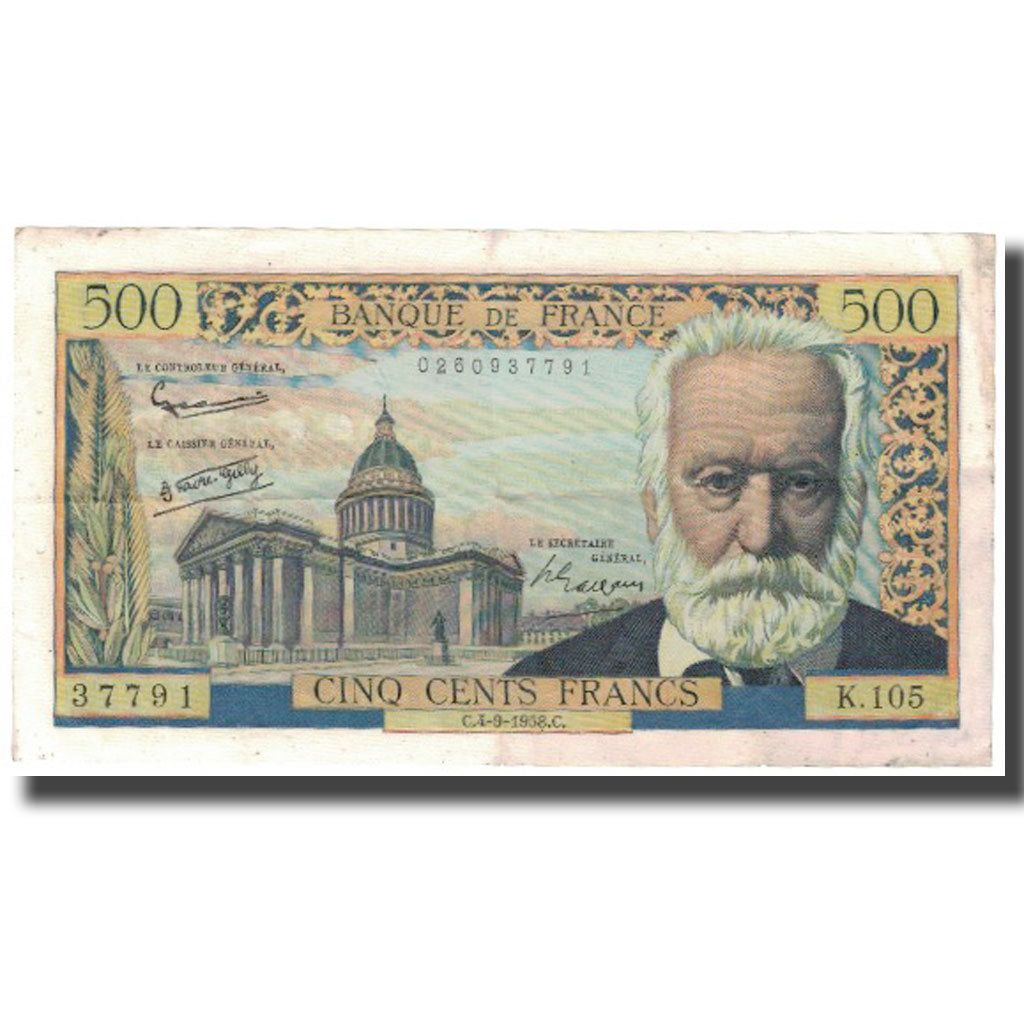 França, 500 Francs, Victor Hugo, 1958, 1958-09-04, VF(20-25), Fayette:35.10