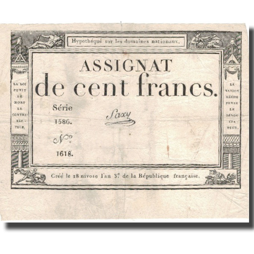 France, 100 Francs, Saxy, 18 nivôse de l'an 3 - (7 janvier 1795)., EF(40-45)
