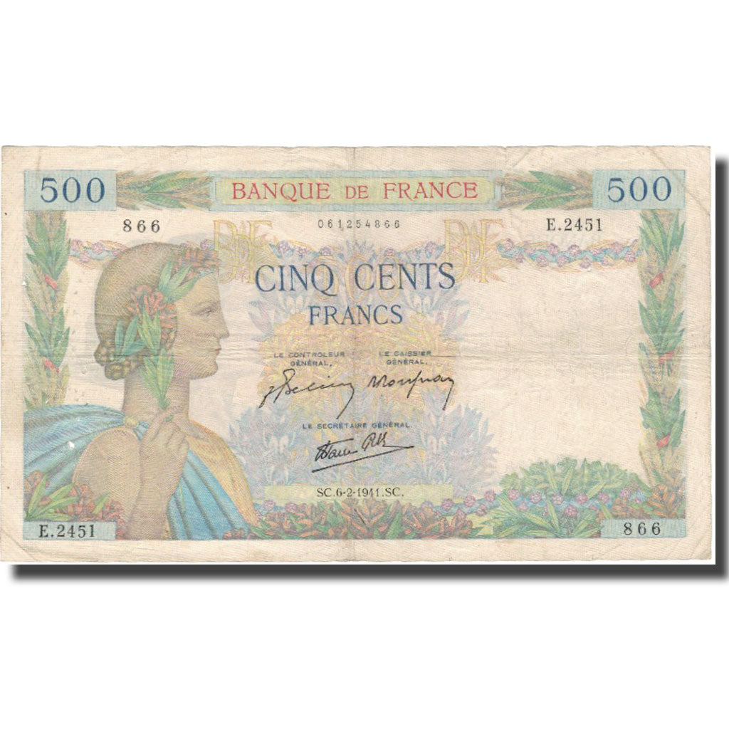 France, 500 Francs, La Paix, 1941, 1941-02-06, VF(20-25), Fayette:31.14, KM:95b