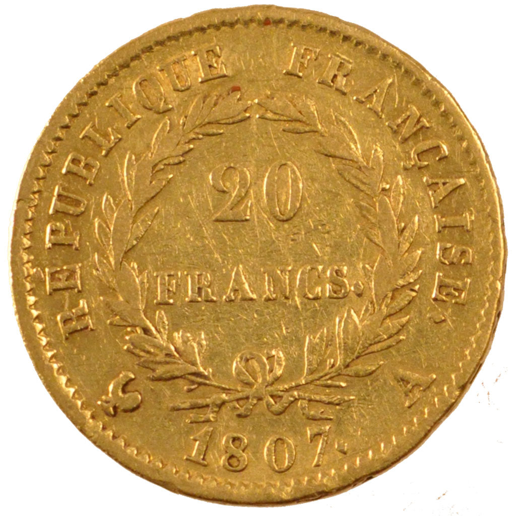 FRANCE, Napoléon I, 20 Francs, 1807, Paris, KM #A687.1, VF(30-35), Gold, Gadoury