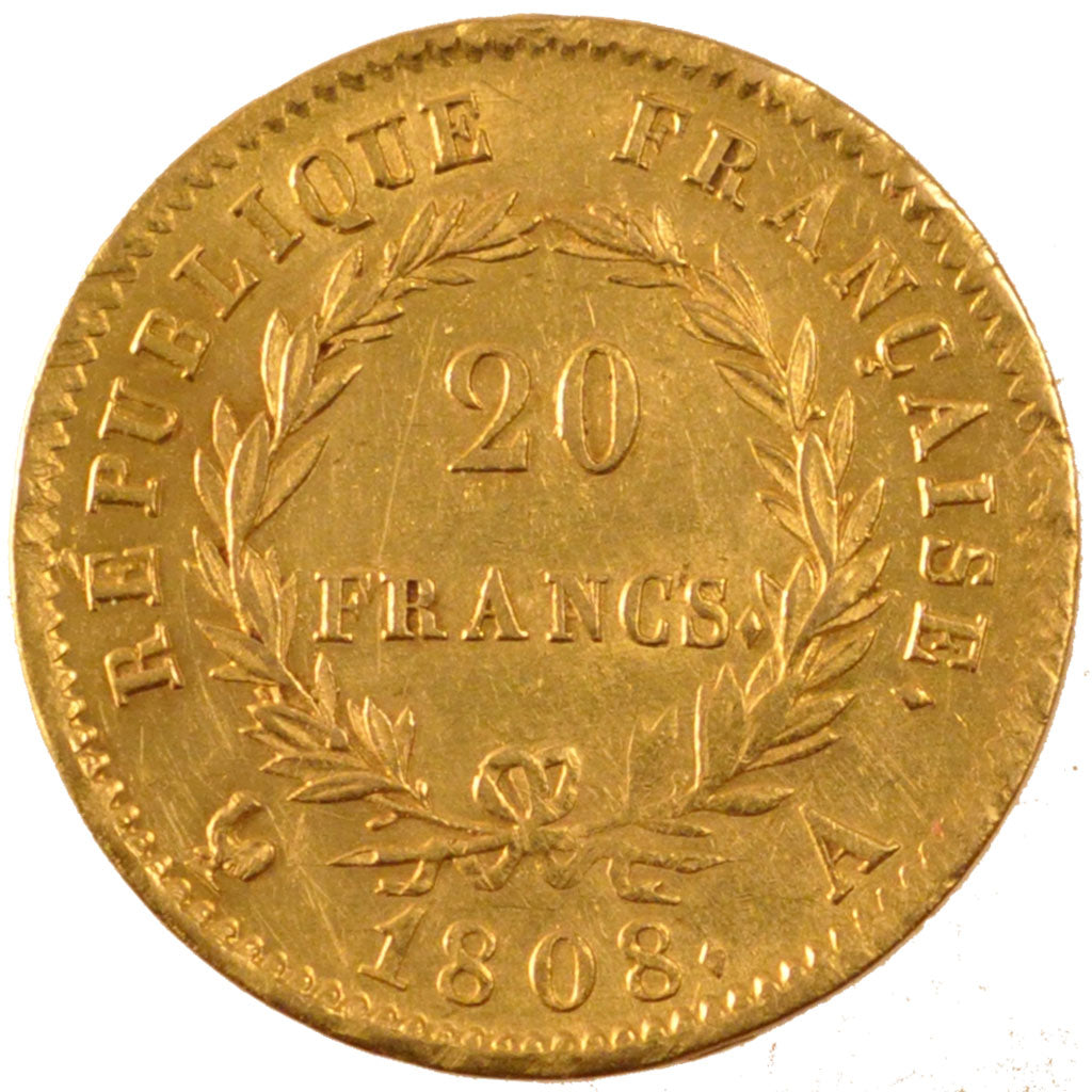 FRANCE, Napoléon I, 20 Francs, 1808, Paris, KM #687.1, AU(55-58), Gold, Gadoury 