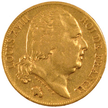 FRANCE, Louis XVIII, 20 Francs, 1824, Paris, KM #712.1, EF(40-45), Gold,...