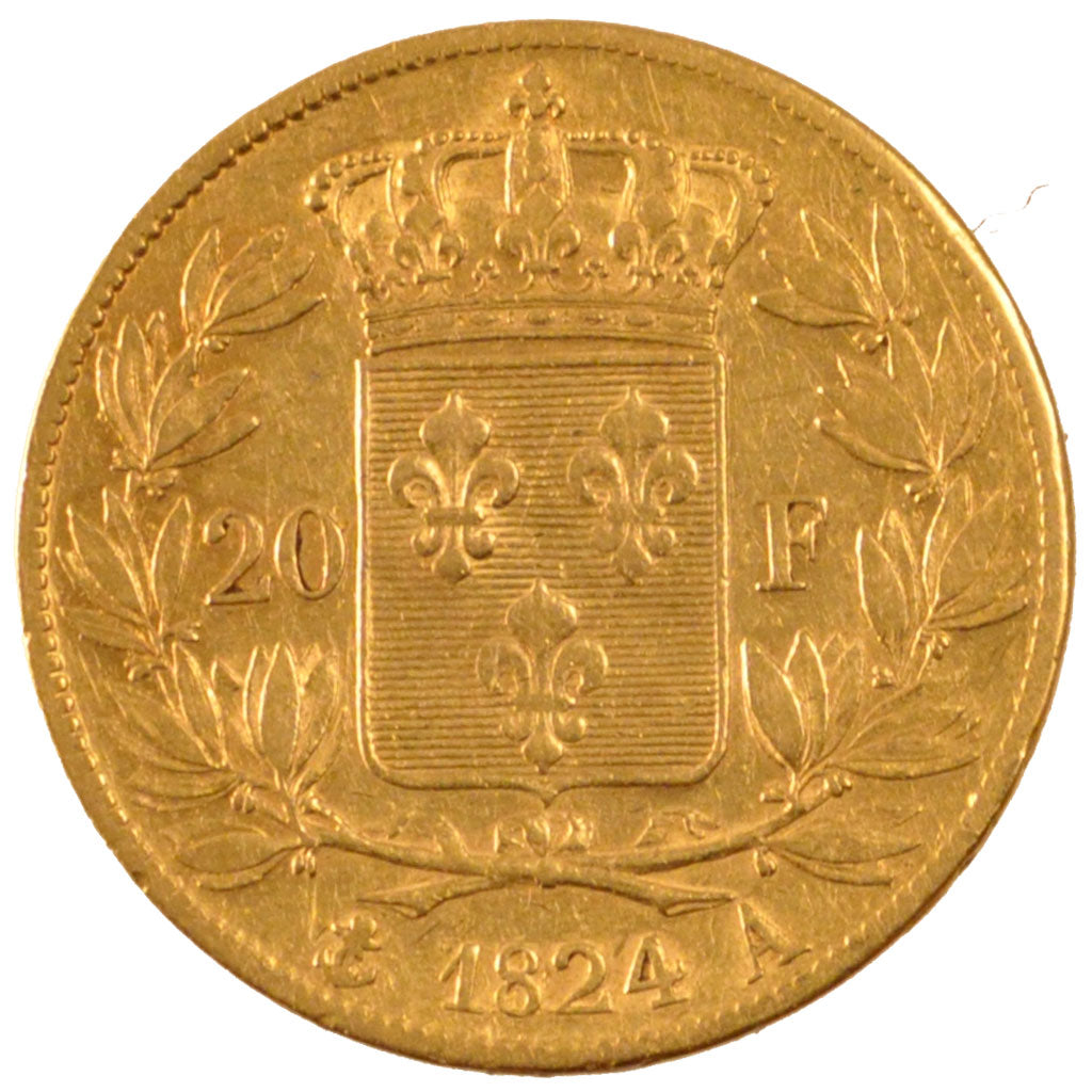 FRANCE, Louis XVIII, 20 Francs, 1824, Paris, KM #712.1, EF(40-45), Gold,...