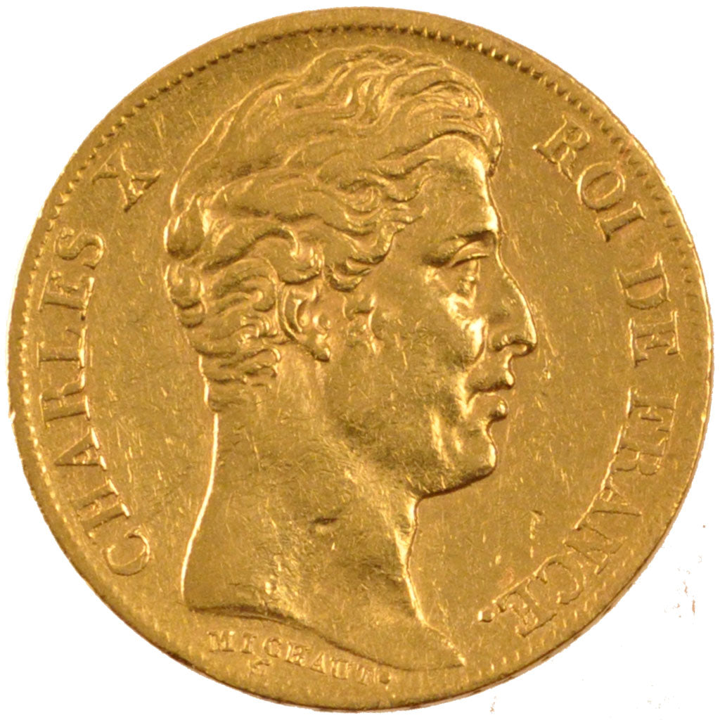FRANCE, Charles X, 20 Francs, 1827, Paris, KM #726.1, AU(50-53), Gold, Gadoury..