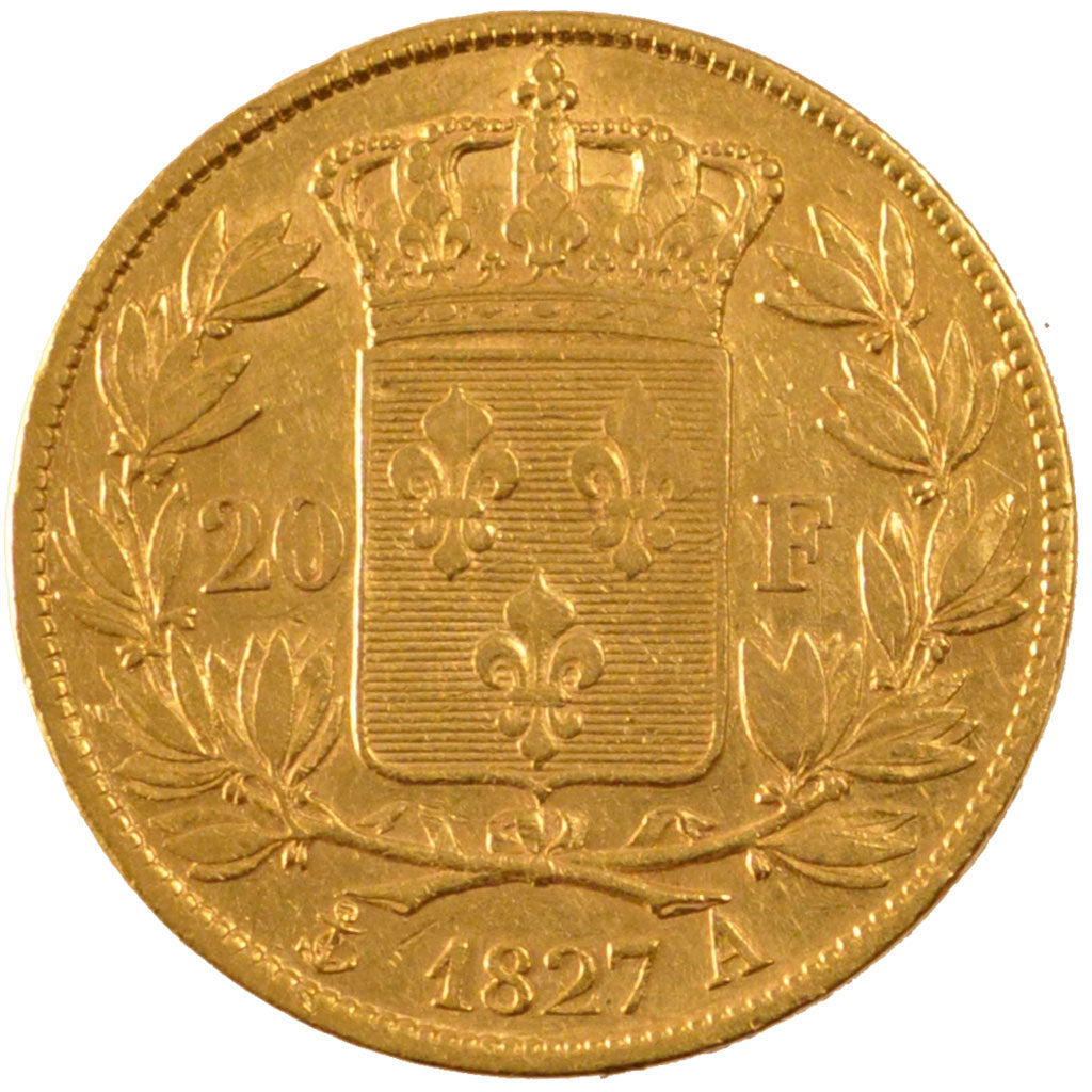 FRANCE, Charles X, 20 Francs, 1827, Paris, KM #726.1, AU(50-53), Gold, Gadoury..