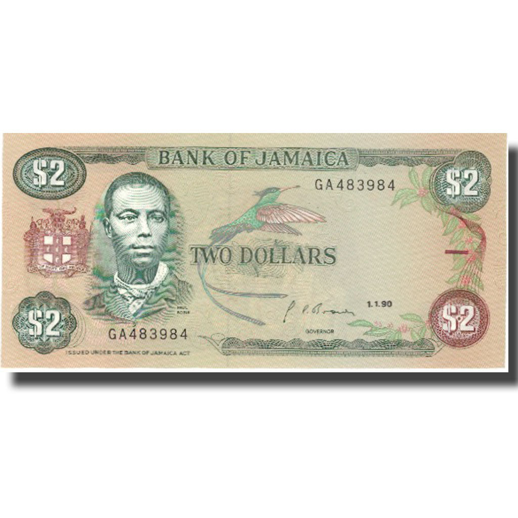 Biljet, Jamaica, 2 Dollars, 1985-1993, KM:69d, SPL+