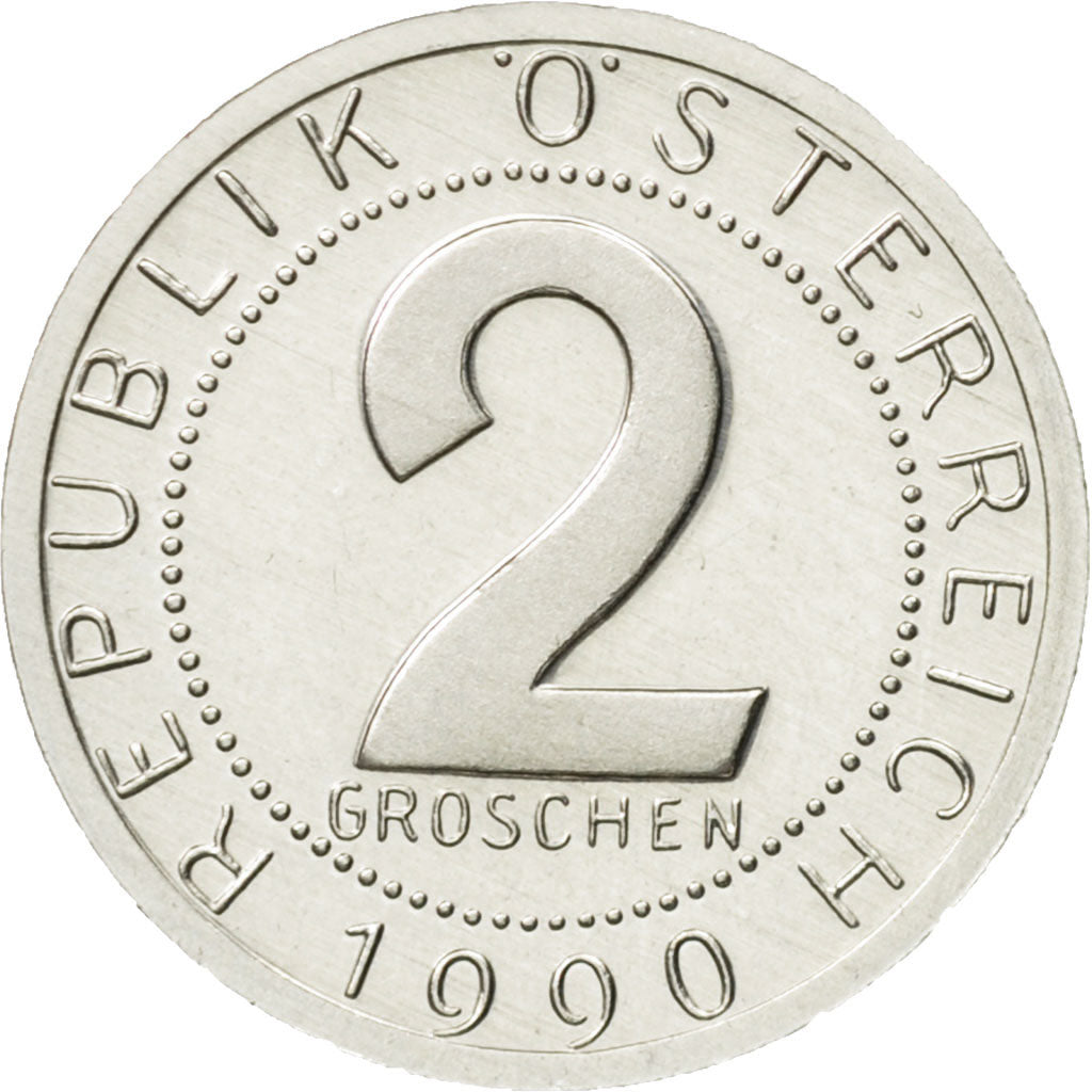 Coin, Austria, 2 Groschen, 1990, MS(63), Aluminum, KM:2876