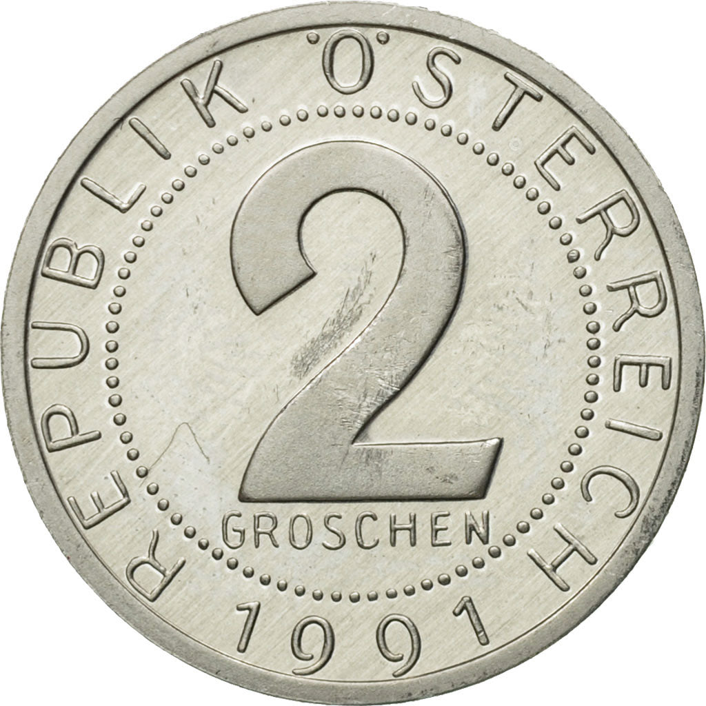 Coin, Austria, 2 Groschen, 1991, MS(63), Aluminum, KM:2876