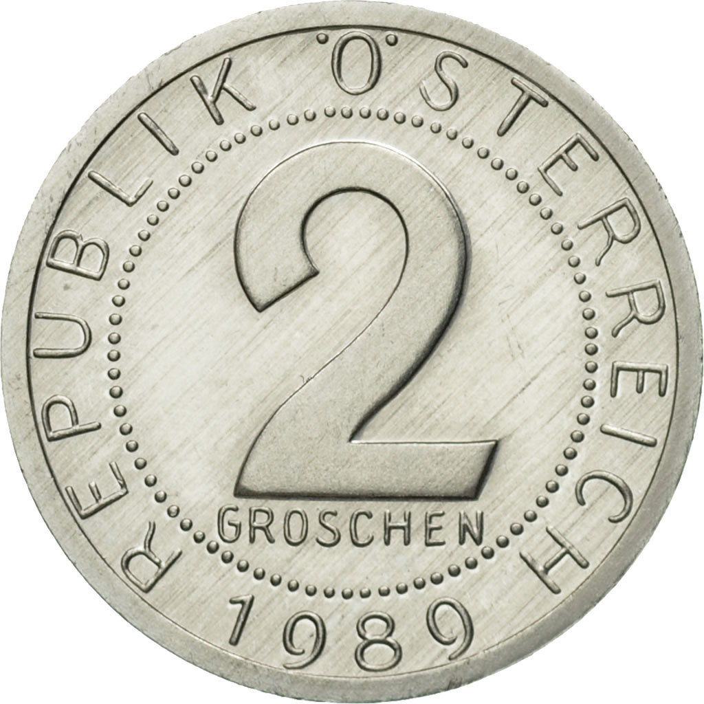 Coin, Austria, 2 Groschen, 1989, MS(63), Aluminum, KM:2876