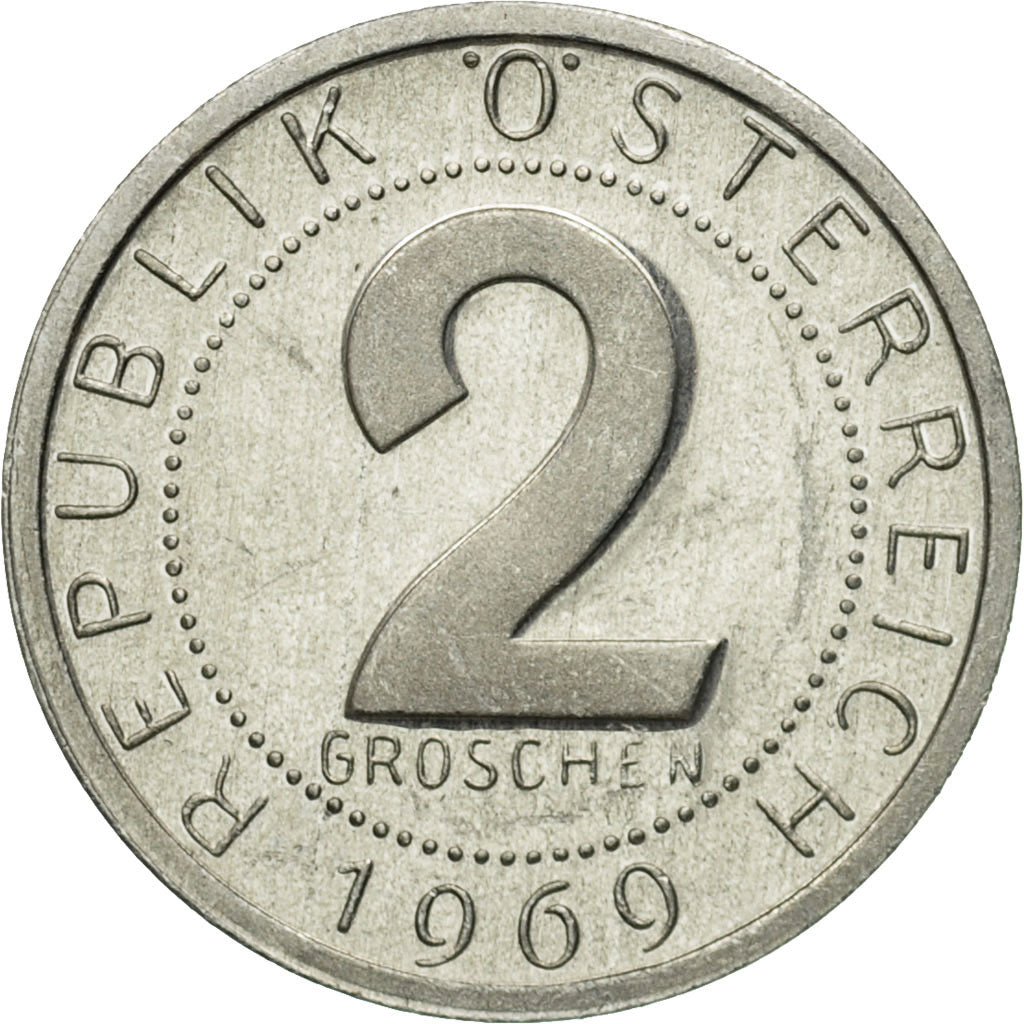 Coin, Austria, 2 Groschen, 1969, MS(63), Aluminum, KM:2876