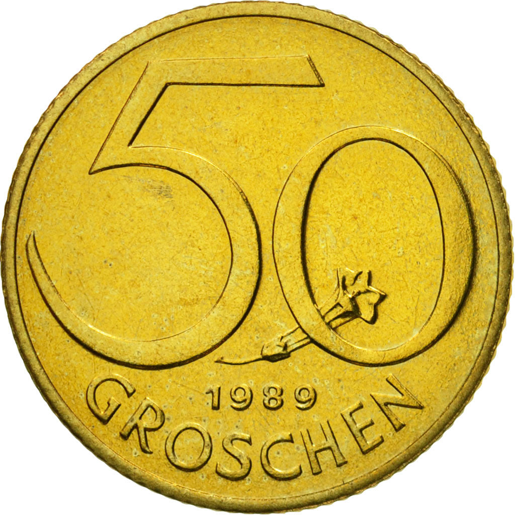 Coin, Austria, 50 Groschen, 1989, MS(63), Aluminum-Bronze, KM:2885