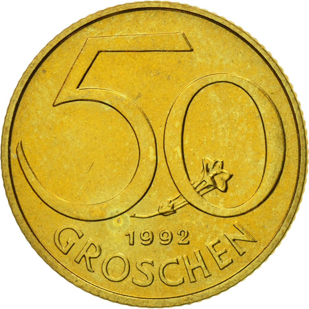 Coin, Austria, 50 Groschen, 1992, MS(63), Aluminum-Bronze, KM:2885