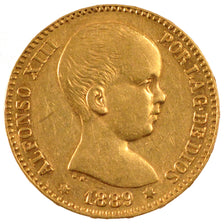 SPAIN, 20 Pesetas, 1889, Madrid, KM #693, AU(50-53), Gold, 6.45