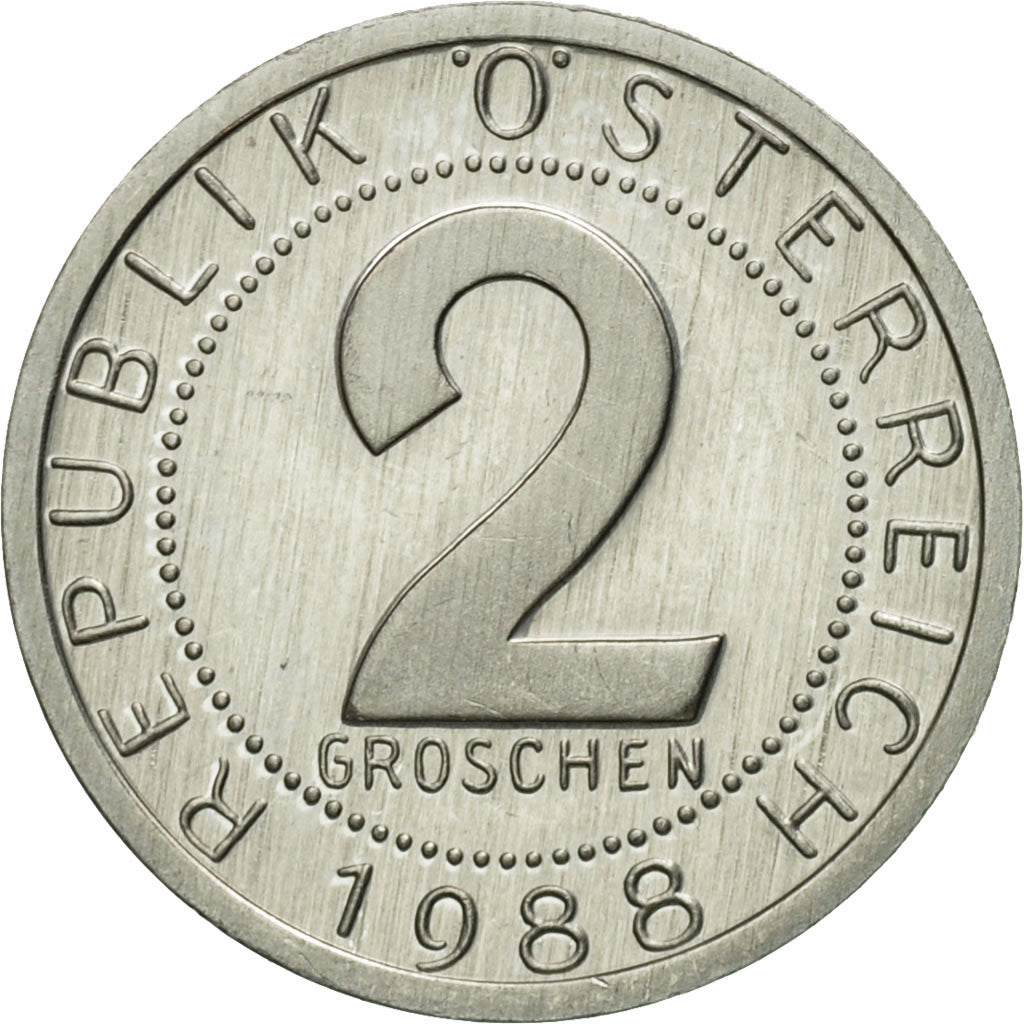 Coin, Austria, 2 Groschen, 1988, MS(63), Aluminum, KM:2876