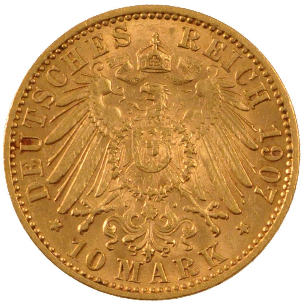 GERMAN STATES, 10 Mark, 1907, Berlin, KM #520, EF(40-45), Gold, 3.95