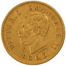 ITALY, 10 Lire, 1863, Torino, KM #9.2, EF(40-45), Gold, 18.5, 3.18