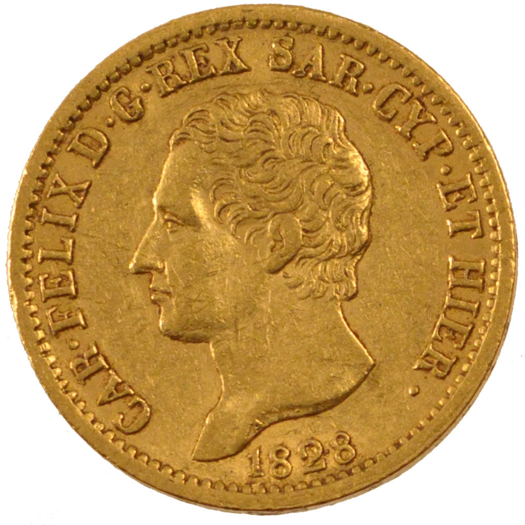 Italy, 20 Lire, 1828, Torino, KM #C#106.1, AU(55-58), Gold, 6.43