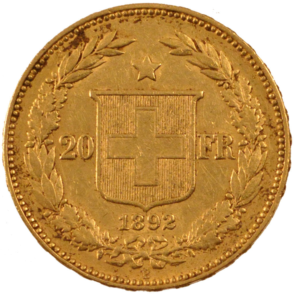 SWITZERLAND, 20 Francs, 1892, Bern, KM #31.3, AU(55-58), Gold, 6.43