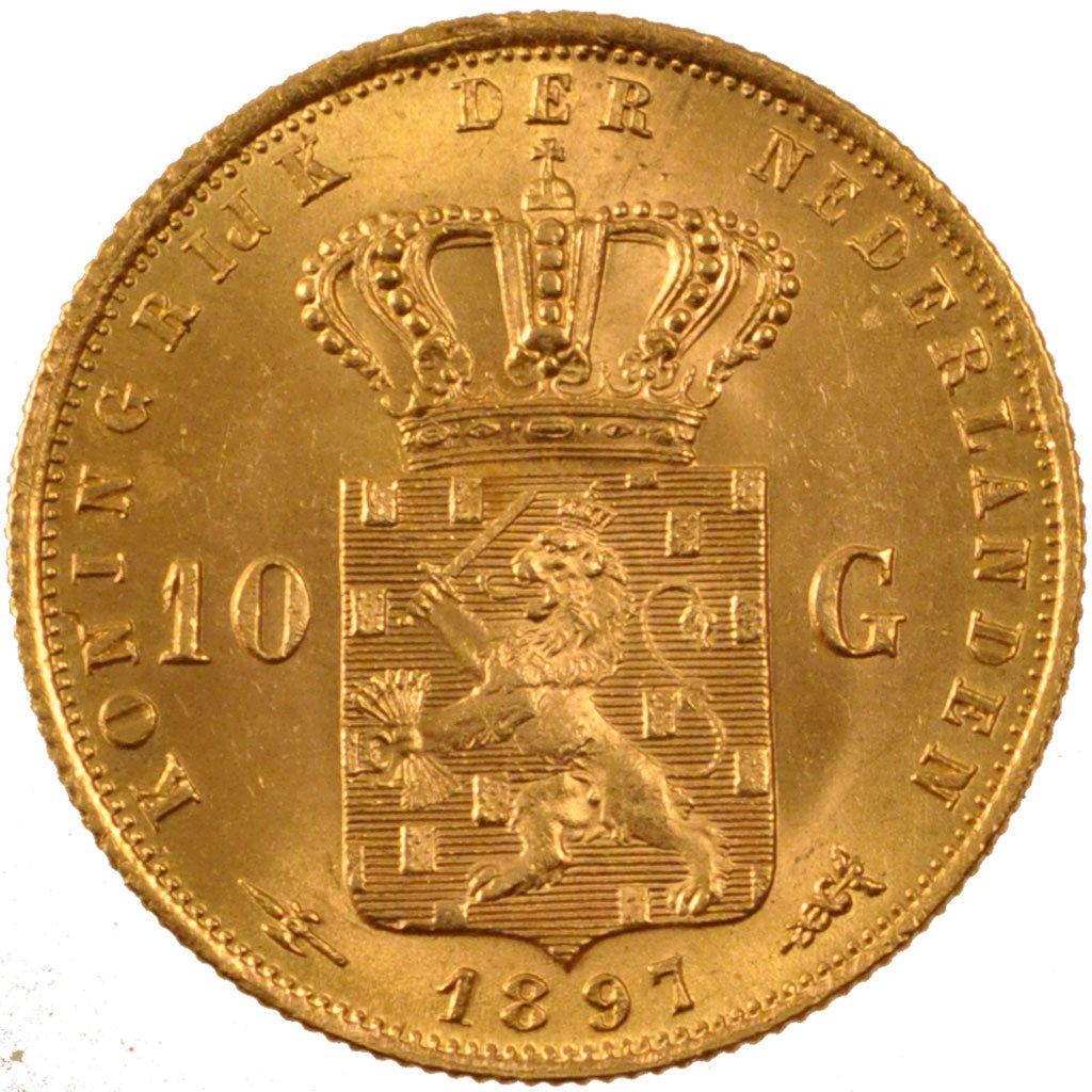 NETHERLANDS, 10 Gulden, 1897, Utrecht, KM #118, MS(60-62), Gold, 22.5, 6.70