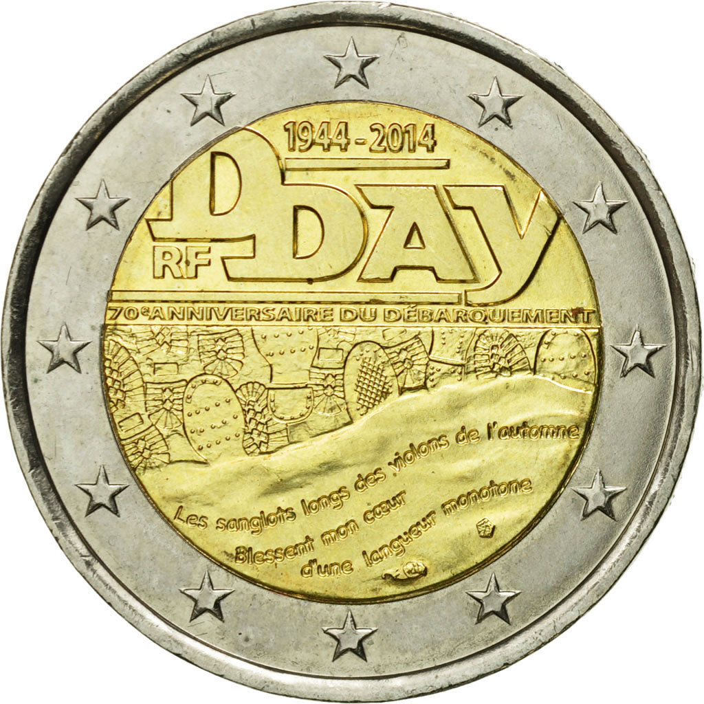 France, 2 Euro, D-Day, 2014, MS(63), Bi-Metallic