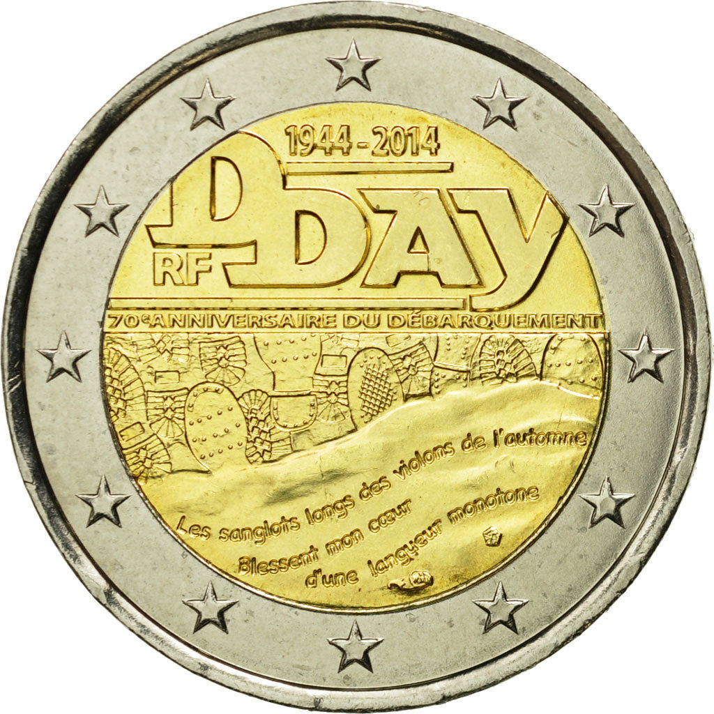 France, 2 Euro, D-Day, 2014, MS(63), Bi-Metallic