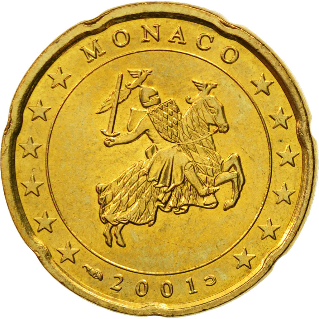 Monaco, 20 Euro Cent, 2001, MS(60-62), Brass, KM:171