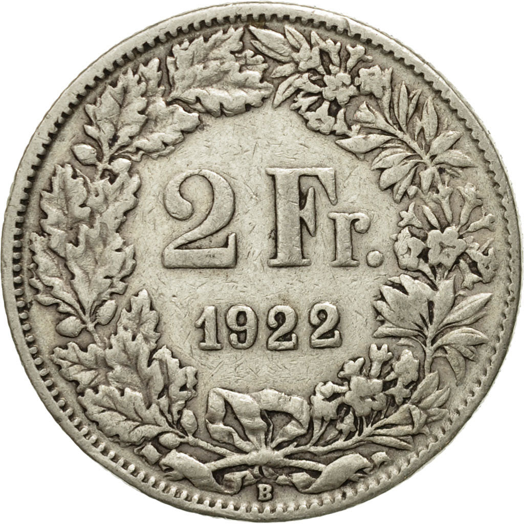 Coin, Switzerland, 2 Francs, 1922, Bern, VF(20-25), Silver, KM:21
