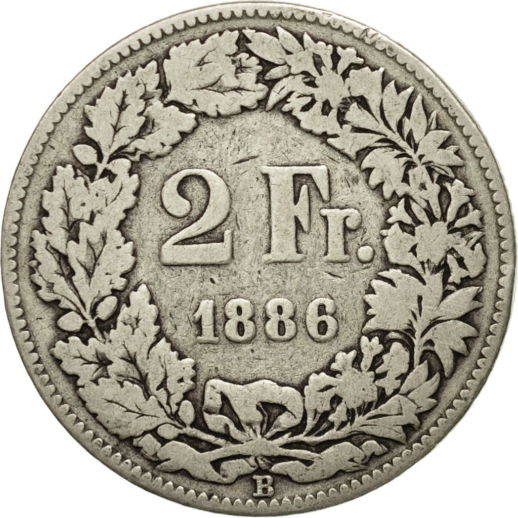 Coin, Switzerland, 2 Francs, 1886, Bern, VG(8-10), Silver, KM:21