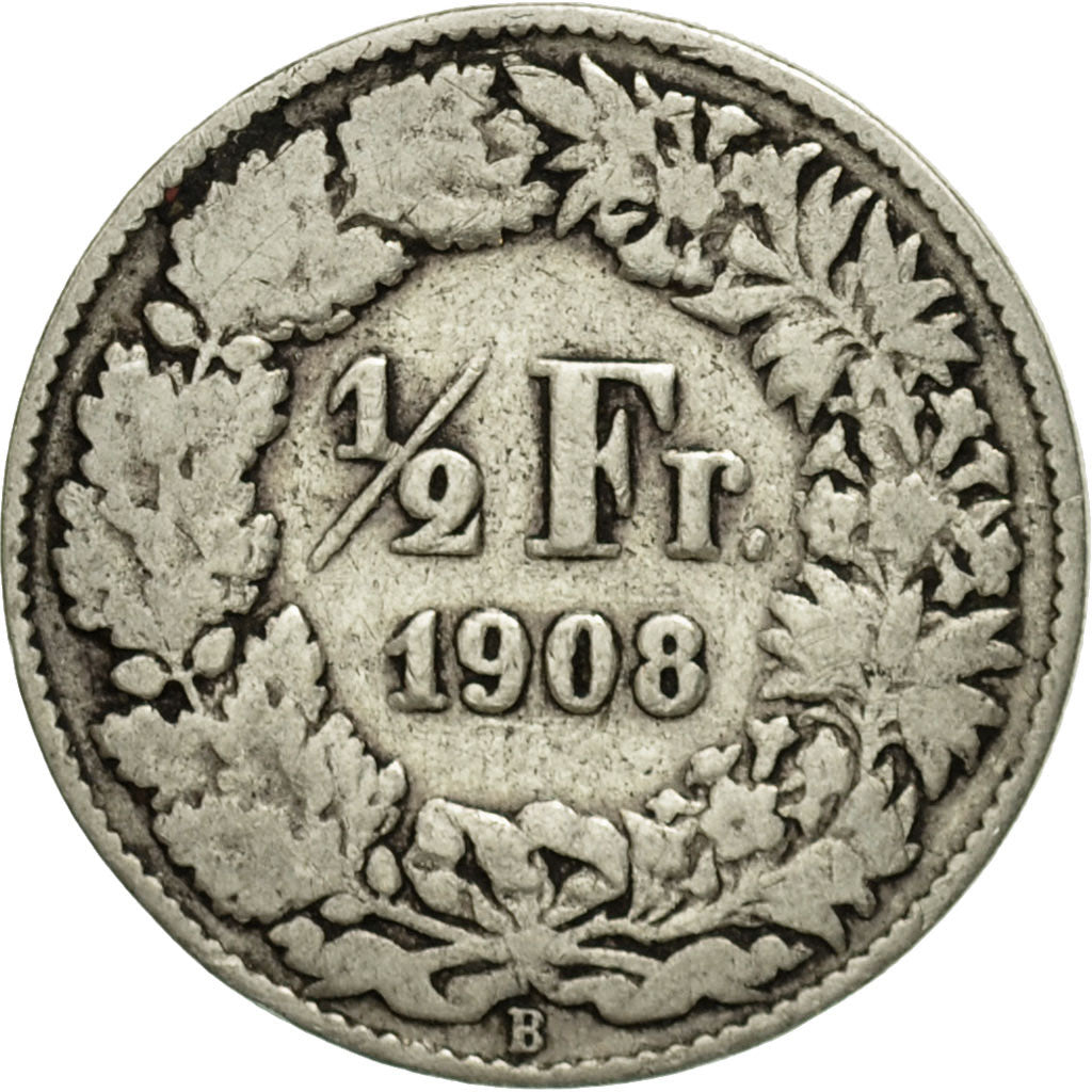 Coin, Switzerland, 1/2 Franc, 1908, Bern, VG(8-10), Silver, KM:23