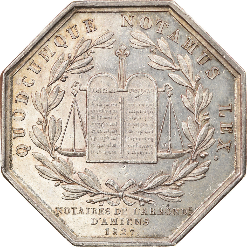 Francia, Token, Notaires de l'Arrondissement d'Amiens, 1827, Barre, EBC, Plata