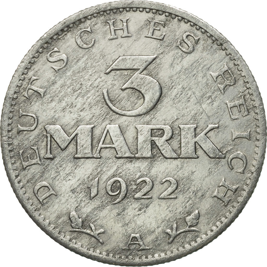 Coin, GERMANY, WEIMAR REPUBLIC, 3 Mark, 1922, Berlin, EF(40-45), Aluminum, KM:29