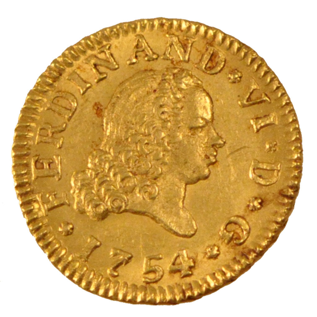 SPAIN, 1/2 Escudo, 1754, Madrid, KM #378, AU(55-58), Gold, 1.79