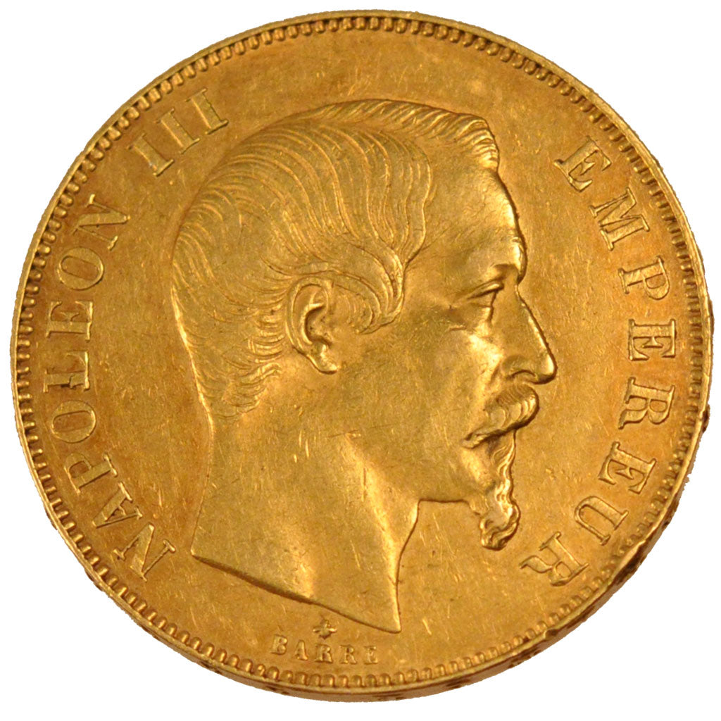 FRANCE, Napoléon III, 50 Francs, 1858, Strasbourg, KM #785.2, AU(55-58), Gold, G
