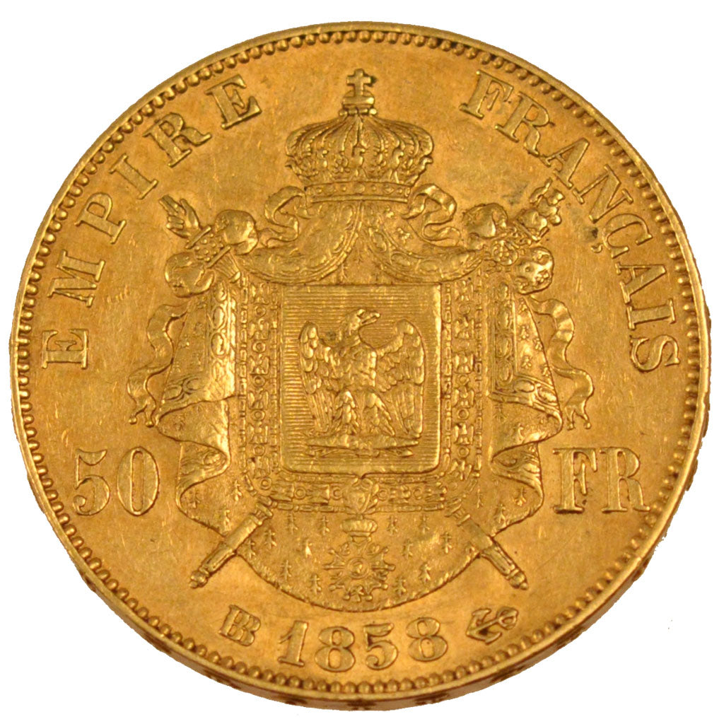 FRANCE, Napoléon III, 50 Francs, 1858, Strasbourg, KM #785.2, AU(55-58), Gold, G