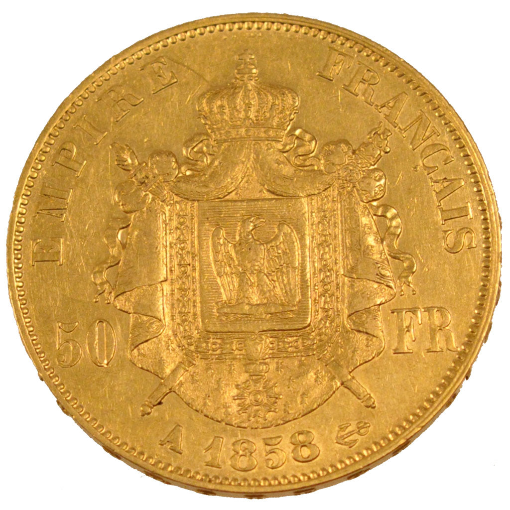 Moneda, Francia, Napoleon III, Napoléon III, 50 Francs, 1858, Paris, MBC, Oro