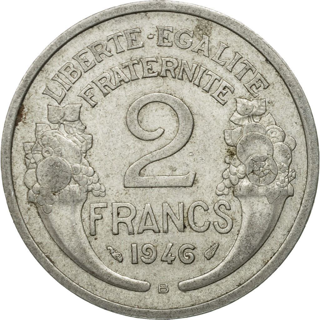 Moneda, Francia, Morlon, 2 Francs, 1946, Beaumont - Le Roger, BC+, Aluminio
