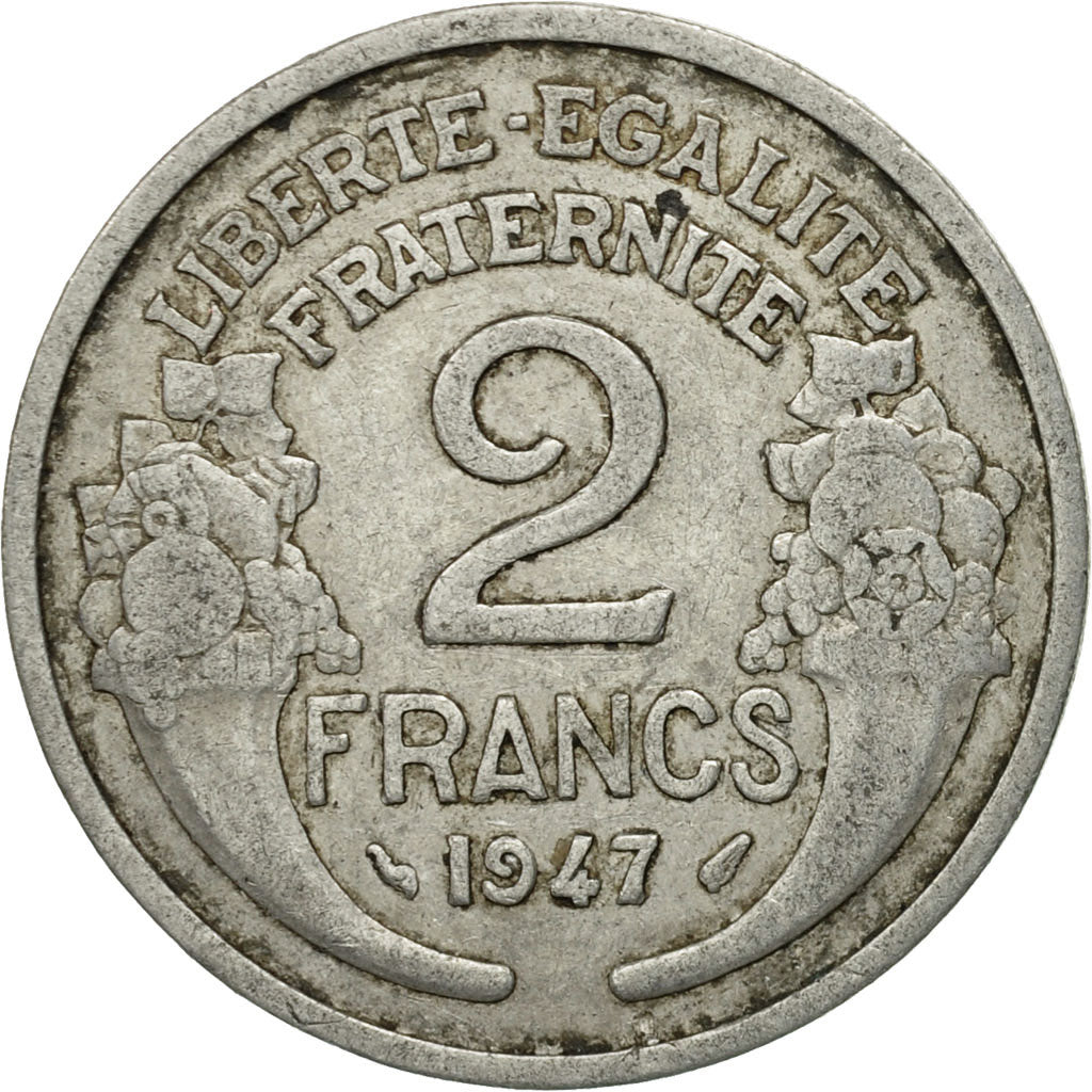 Moneda, Francia, Morlon, 2 Francs, 1947, BC+, Aluminio, KM:886a.1, Gadoury:538b