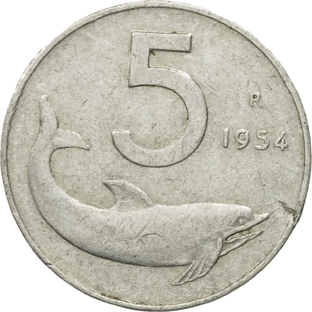 Moneda, Italia, 5 Lire, 1954, Rome, BC+, Aluminio, KM:92