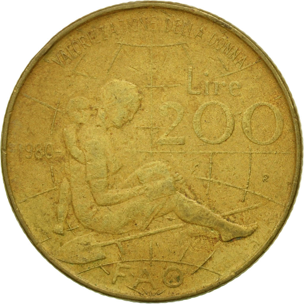 Coin, Italy, 200 Lire, 1980, Rome, VF(20-25), Aluminum-Bronze, KM:107