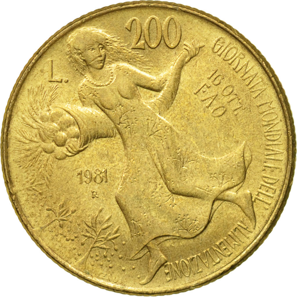 Coin, Italy, 200 Lire, 1981, Rome, VF(30-35), Aluminum-Bronze, KM:109